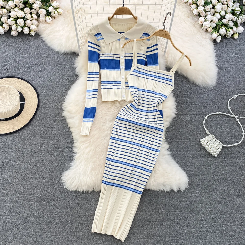 

Amolapha Women Knitted Striped Cardigans Sweater Tops+Slim Sleeveless Spaghetti Strap Dress Female Outwear Clothes Suits