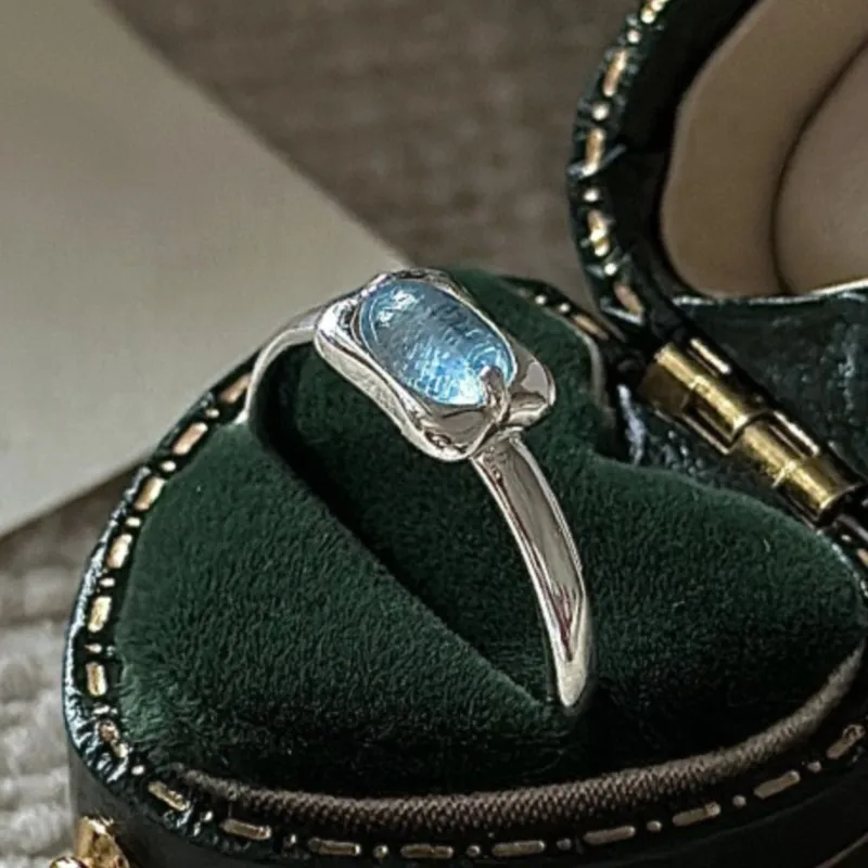 

PANJBJ 100% 925 Sterling Silver Blue Crystal Ring for Women Geometry Minimalist Romantic Adjustable Jewelry Party Gift Dropship