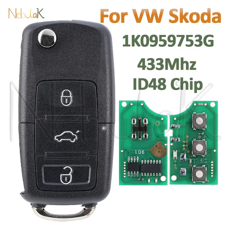 1K0959753G Car Remote Flip Key For VW SIROCCO VOLKSWAGEN CADDY SKODA EOS GOLF JETTA TIGUAN TOURAN HU66 48 Chip Case Folding Fob