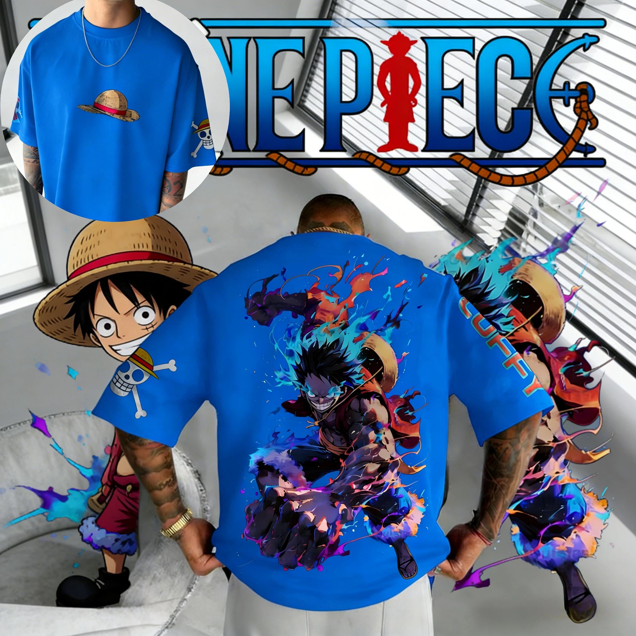 

Футболка хлопковая 2026 Summer One Piece Luffy Gear 4 с винтажным красочным принтом пламени, уличная одежда для мужчин, женщин, подростков, фанатов аниме