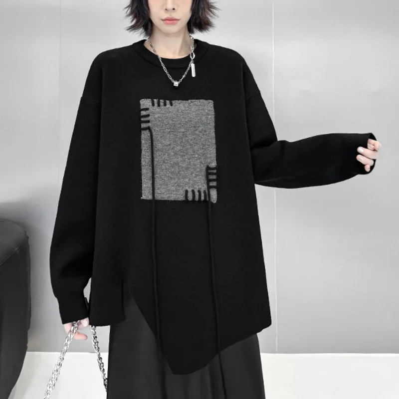 HKSH Autumn Winter New Women Sweater Asymmetric Color Block O-neck Pullover Irregular Hem Dark Trendy Casual Knitted Top HK11987