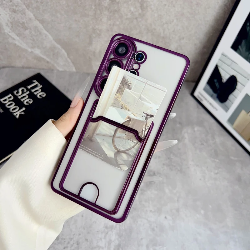 Funda transparente de borde cromado con ranura para tarjeta y billetera, suave y de alta definición para Samsung Galaxy S26 Ultra S24 S23 S25 Ultra Plus 2