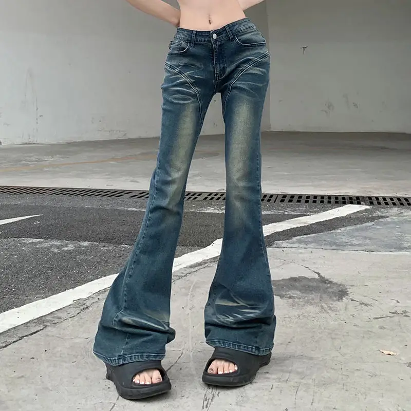 Jeans taille basse pour femme, Jeans astronomiques Bell, Pantalon en denim taille haute, Jambes larges évasées, Baggy à motifs Y2K, Streetwear évasé