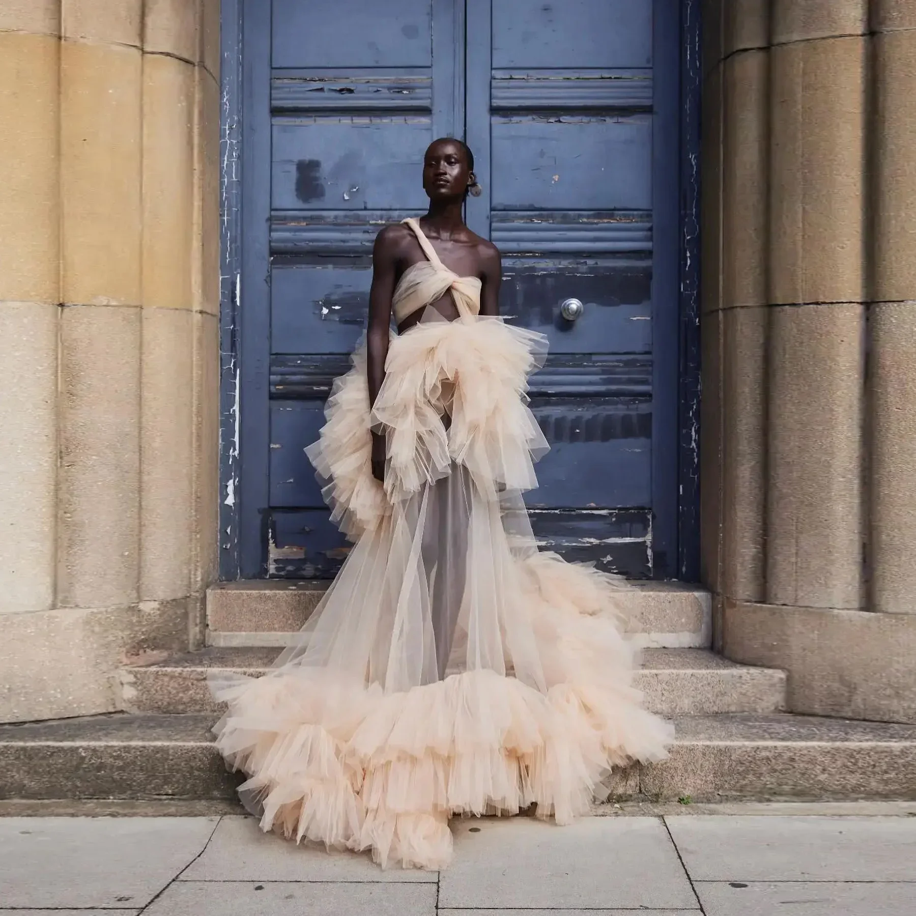 

Nude Khaki Party Dresses Off Shoulder Lush Puffy Handmade A line Ruffled Prom Gown Tulle Fluffy Sheer Formal Dress Fashion