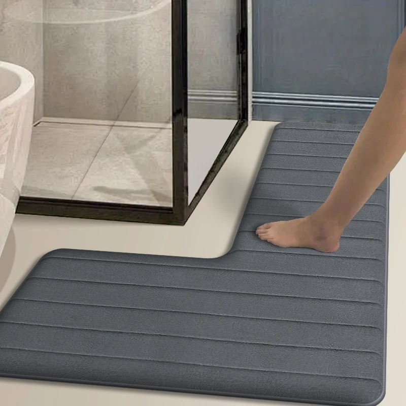 Einfache L-förmige lange Streifen Badezimmer rutschfeste Bodenmatte Flanell saugfähiges Kissen Home Duschraum Eckteppich Fußmatte