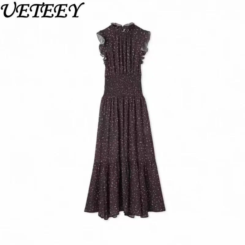 2025 여름 일본 스타일 슬림핏 러플 칼라 드레스 (작은 플러터 소매와 프린트된 하이웨이스트 슬림핏 롱 드레스)