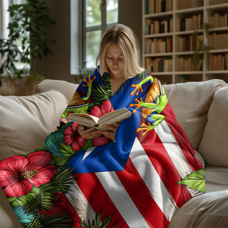 Tropical Hibiscus Puerto Rico Flag Coqui Frog Flannel Throw Blanket Soft Warm Cozy Blanket for Sofa Bed Travel Home Office Gift