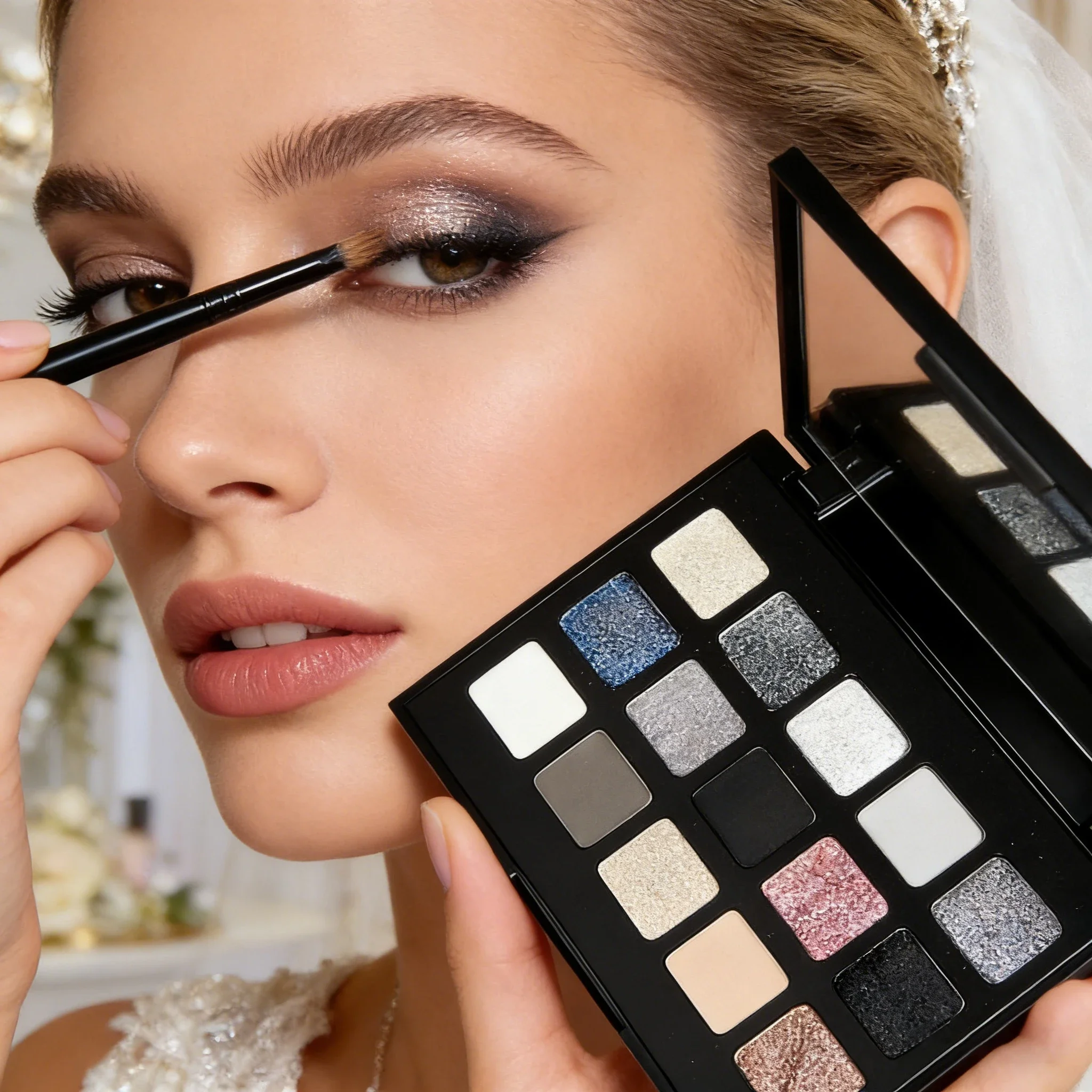 Paleta de Sombras de Ojos MGL Black Satin de 15 Colores, Gris Brillante, Estilo Smoky, Punk Metal, Maquillaje para Cosplay, Bodas y Eventos Glamurosos