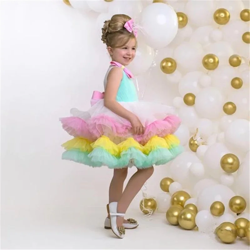 

Rainbow Colorful Fluffy Flower Girl Dresses Sleeveless V Neck First Birthday Party Dress Princess Ball Gown Kid Size 1-14T