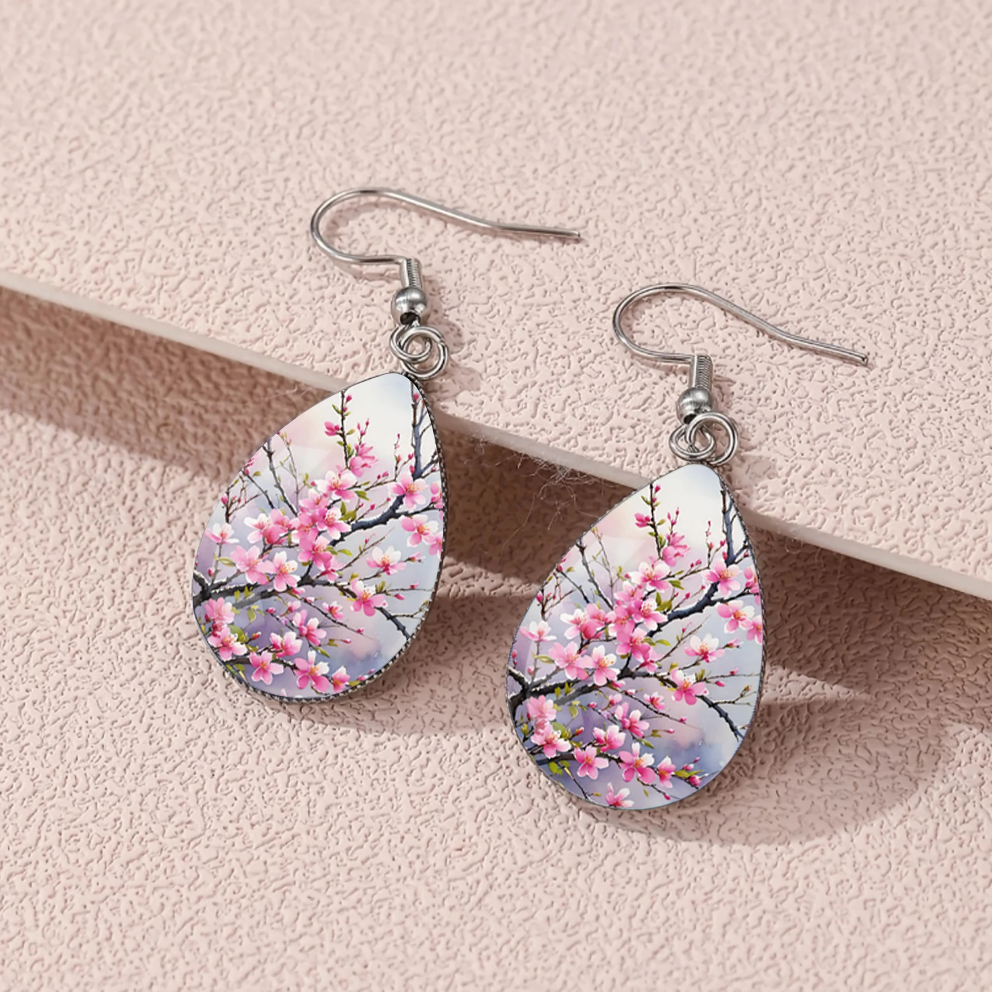 1 Pair of Pink Branch and Flower Pattern Earrings with Convex Glass and 316 Stainless Steel Teardrop Ear Hooks, Classic and Simple Style Suitable for Women for Daily Wear, Gift-Giving, and Holiday Wear