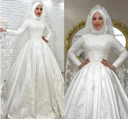 Charming Muslim A-Line Wedding Dresses Dubai Arabic Islamic Brial Gowns Lace Appliques Beaded Elegant Satin Vestido De Noiva2024