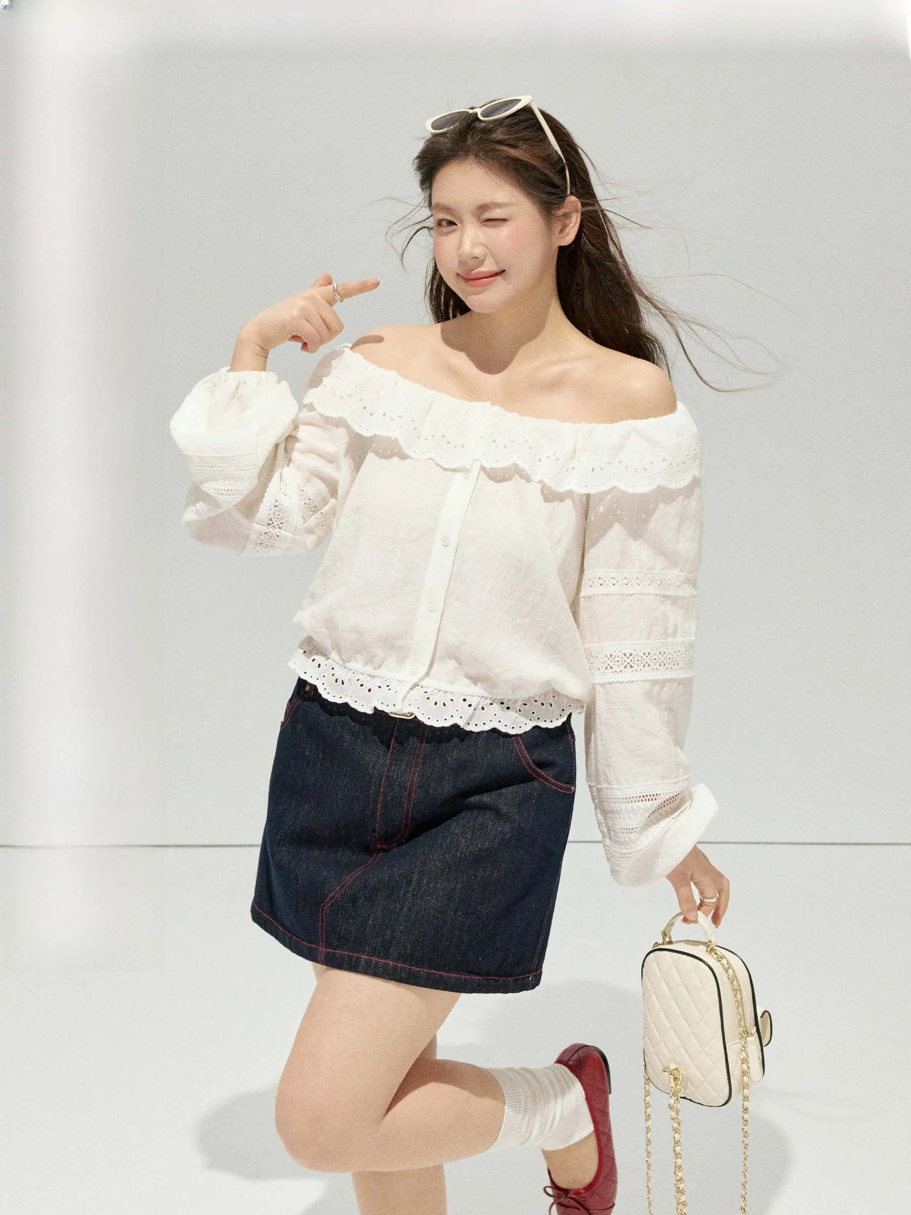 

Sweet Lace Trim One Shoulder plus Size Shirt by Jilulook Studio Comfortable Commute Style Loose Fit Long Sleeve Women's Top