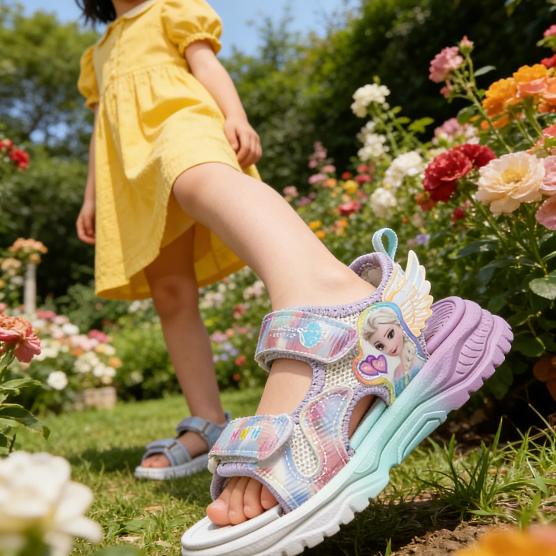 

Disney Children Shoes Summer Elsa Girls Mesh Beach Sandals Fashion Frozen Princess Soft Bottom Light Peep Toe Sandals Size 26-37