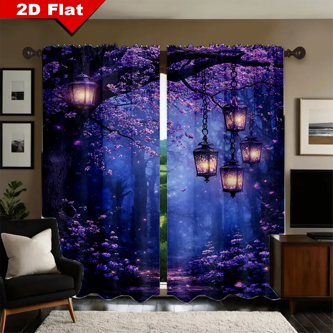 2pcs Purple Forest Curtains Magic Lantern Cherry Blossom Print Drape Living Room Bedroom Window Treatment Fantasy Home Decor
