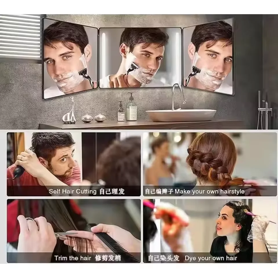 Cermin LED Lipat Tiga Cermin Rias Potongan Rambut Mandiri dengan Cahaya Tinggi Dapat Disesuaikan Cermin Potong Rambut Mandiri 3 Arah Kaca Hd Cermin 3 Arah