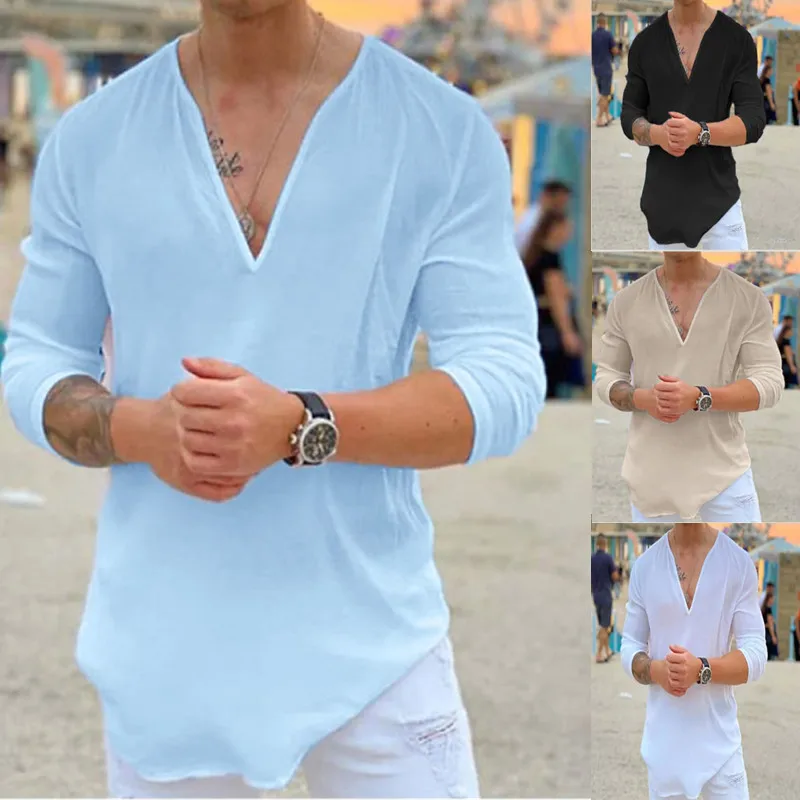 

Europe and the United States men's new fashion V-neck casual pure color pure cotton men's solid color T-shirt shirt