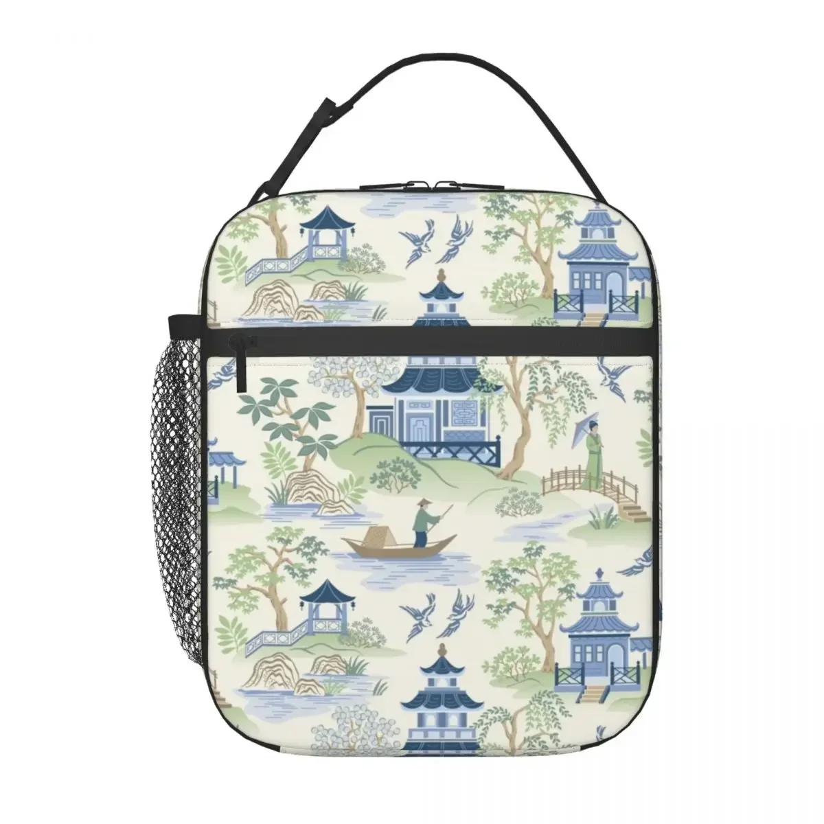 Vintage Chinoiserie Willow Pagoda Insulated Lunch Bags for School Office Oriental Style Landscape Thermal Cooler Bento Box Women