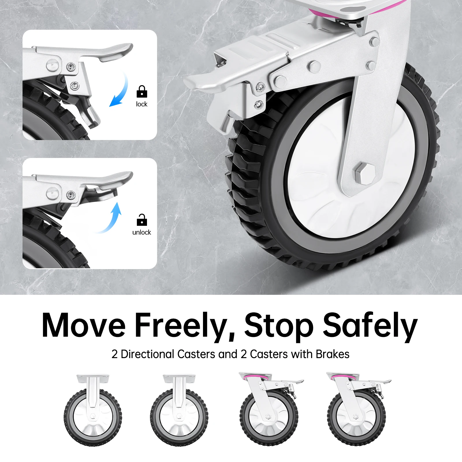 

Набор из 4 колес, грузоподъемность 1322 фунтов, конструкция из ПВХ и железа, система двойного подшипника плавного качения с тормозами