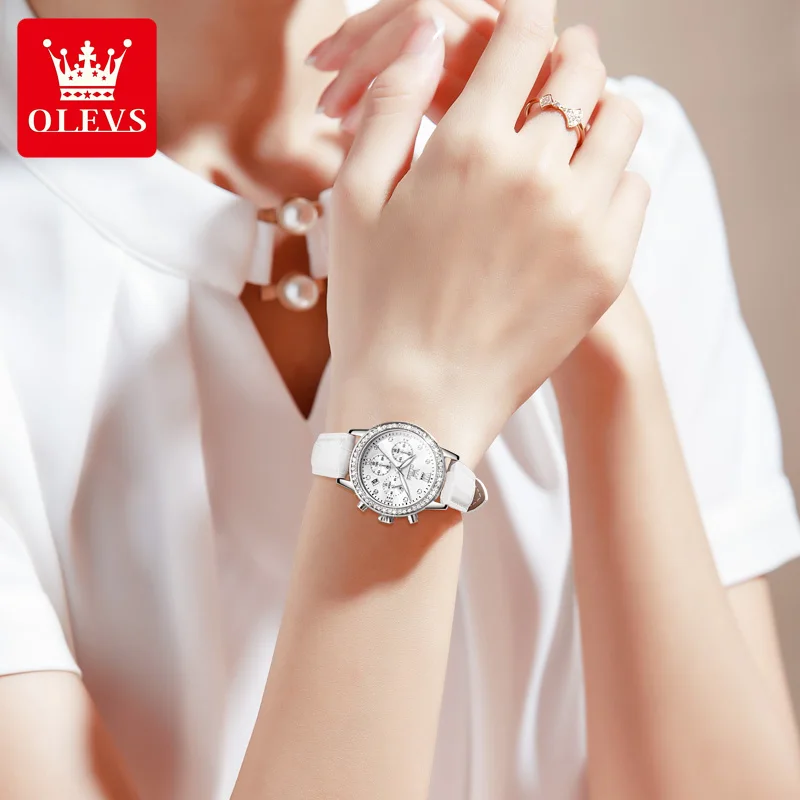 Olevs top marca relógios das mulheres de luxo diamante senhoras relógio de pulso de quartzo pulseira de couro à prova d\' água relógio multifunções