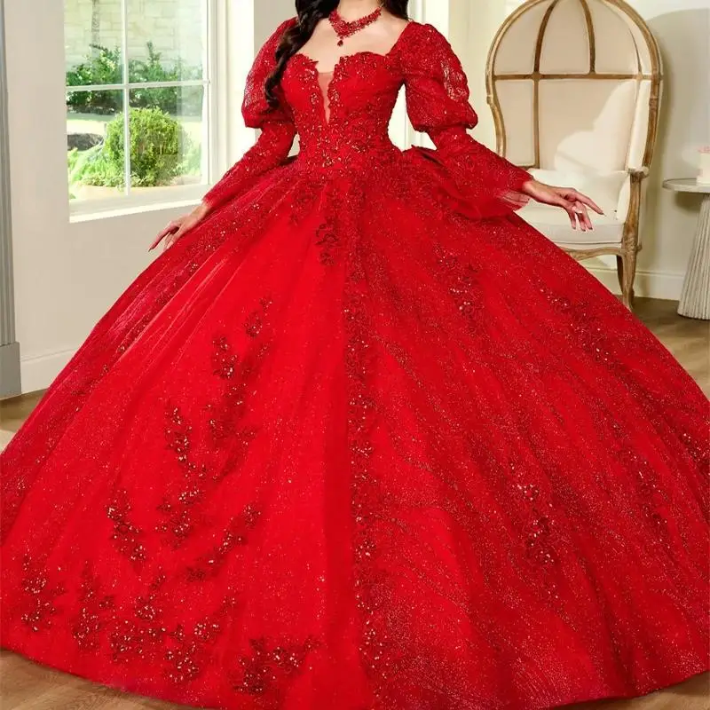 Red Shiny Long Sleeves 16 Quinceanera Dresses Applique Lace Beads Bow Tull Party Birthday Vestides De 15 Anos Customized