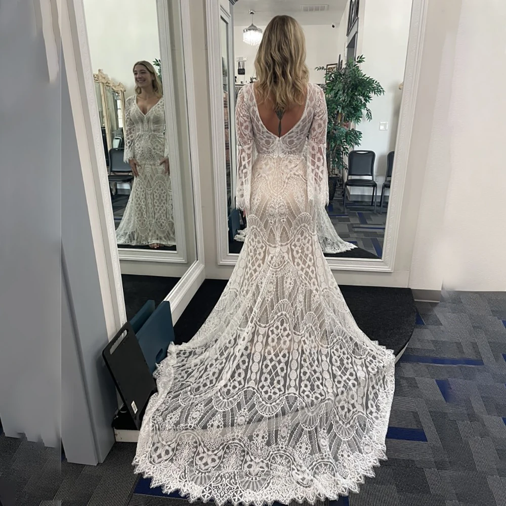 Vestido de novia de trompeta etéreo de encaje tejido geométrico, escote en V, mangas acampanadas, personalizado, Grace, vestidos de novia sin espalda