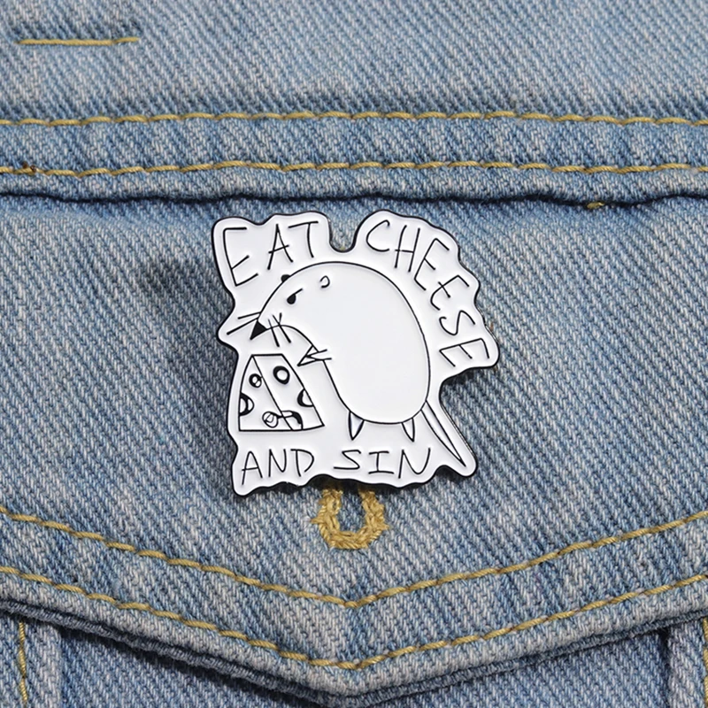 Eat Cheese And Sin Enamel Pins Custom Rat Eats Cheese Brooches Lapel Badges Cartoon Animal Jewelry Gift for Kids Friends