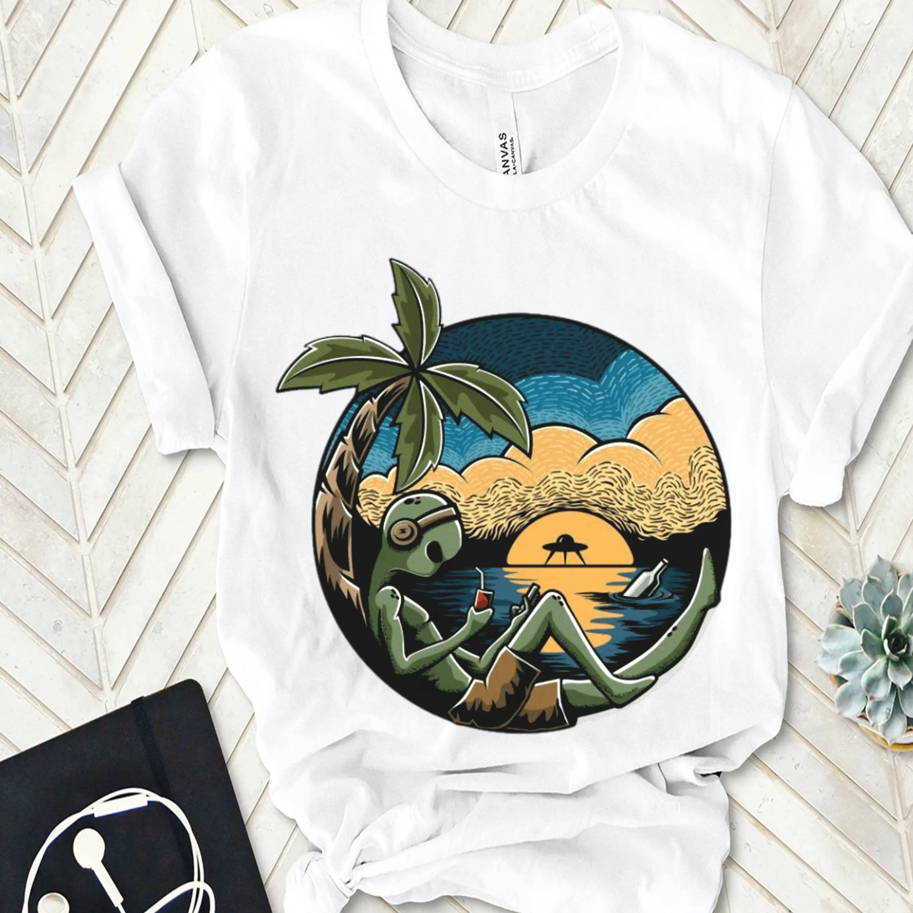 Summertime Alien Relaxing on the Beach Vacation fun Extra terrestrial Vibes Whimsical Art T shirt