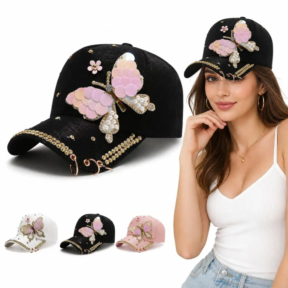 Sequined Butterfly Shiny Baseball Cap Versatile Rhinestones Women's Sun Hat Breathable Sun Protection Peaked Cap Outdoor Travel