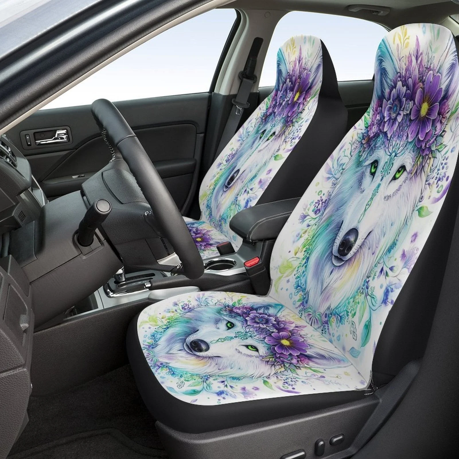 Wolf With Flowers Designed Car Seat Cover Set For Most Cars, Trendy High-quality Car Seat Protector Covers Full Set, Universal