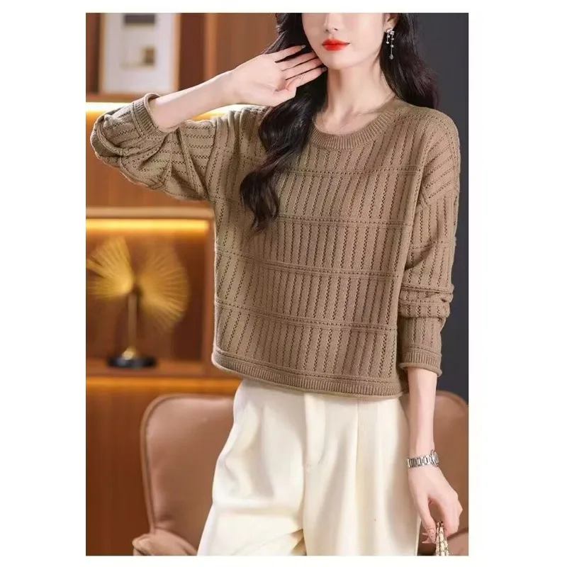 

Полый вязаный свитер, женский весенне-осенний свободный топ с длинными рукавами и темпераментом, круглый вырез