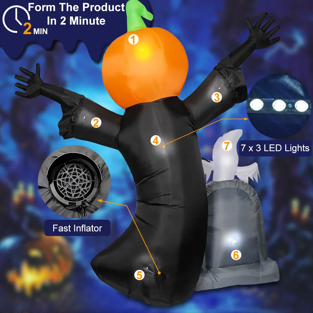 8Ft Inflatable Halloween Tombstone Pumpkin Skull Ghost Decoration with LED Lights Outdoor Yard Garden Props Horror House Decor - Image 5