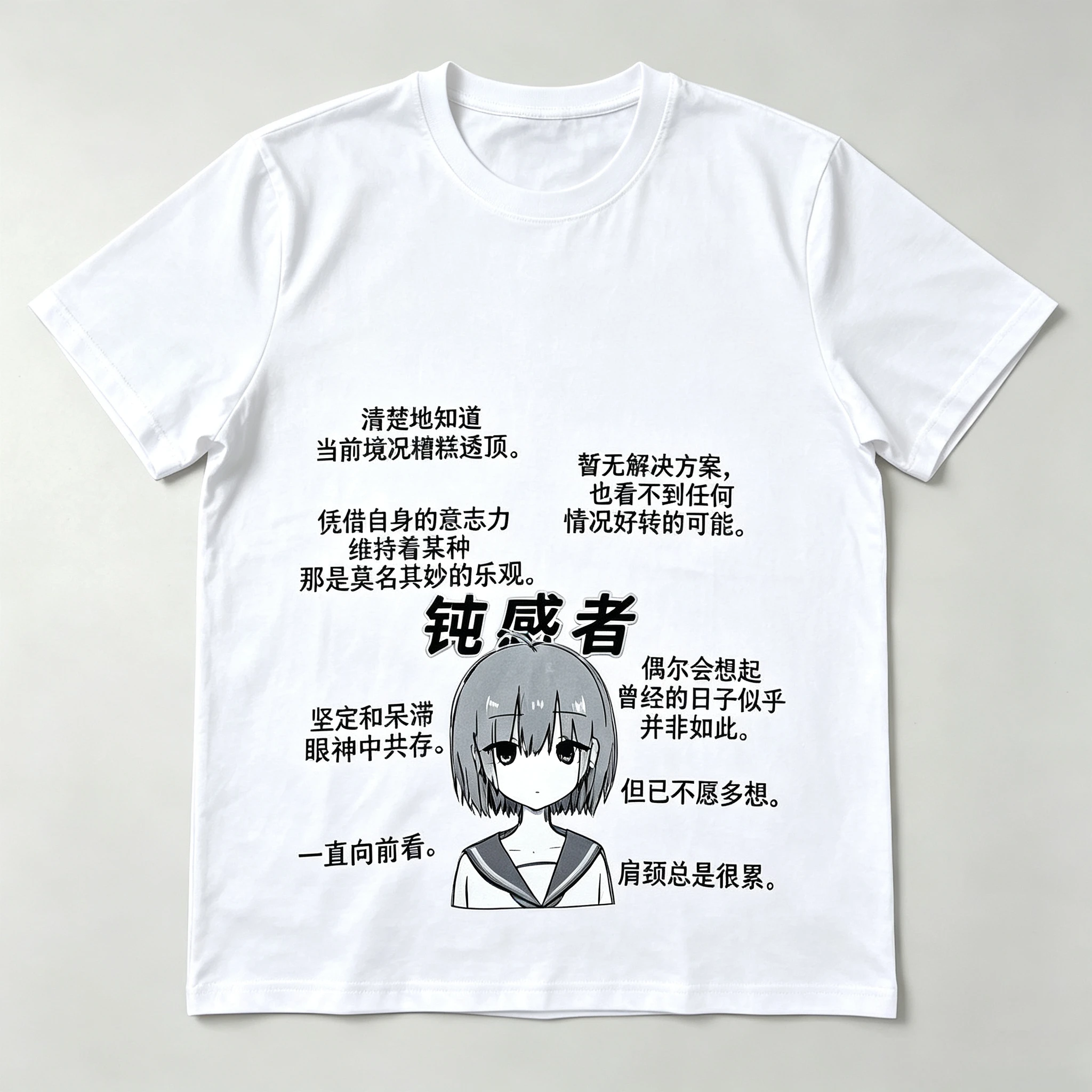 Y2K Sad Aesthetic Tee Quiet Sailor Anime Girl Chinese Emotional Quote Monochrome Manga Graphic Ins Trendy Unisex Cotton Tshirt