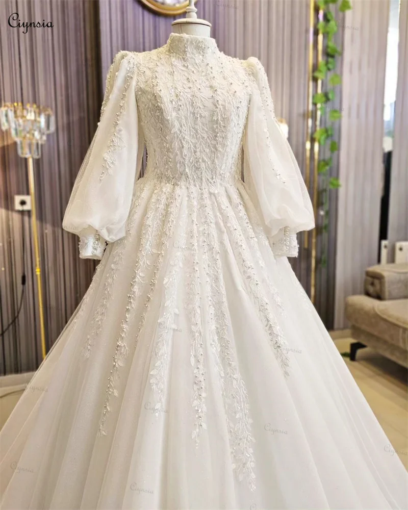 Ciynsia Princess A-Line Long Sleeve Wedding Dress for Bride Lace Pearls Muslim Dubai Luxury Bridal Dresses Robe De Mariée 2025