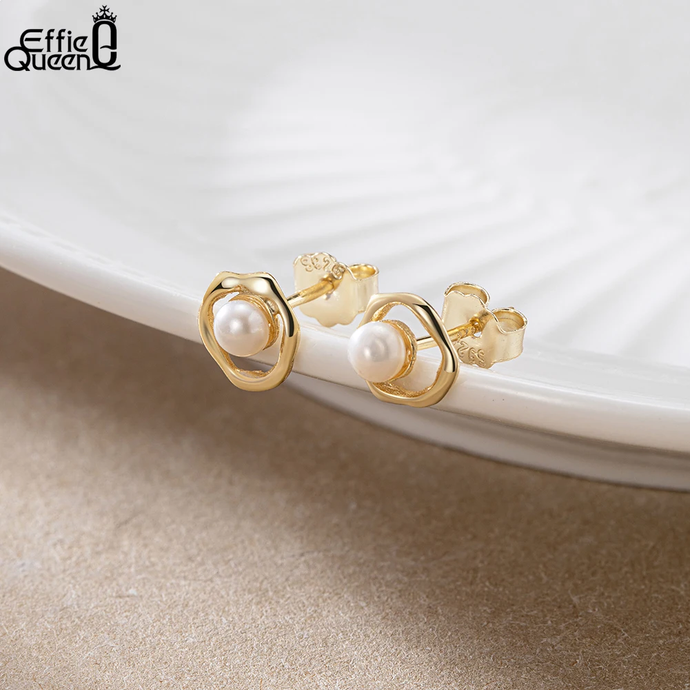 Effie Queen 925 스털링 실버 여성용 진주 귀걸이, 기하학적 디자인, 심플한 바로크 진주 스터드 귀걸이, 파티 쥬얼리, GPE74