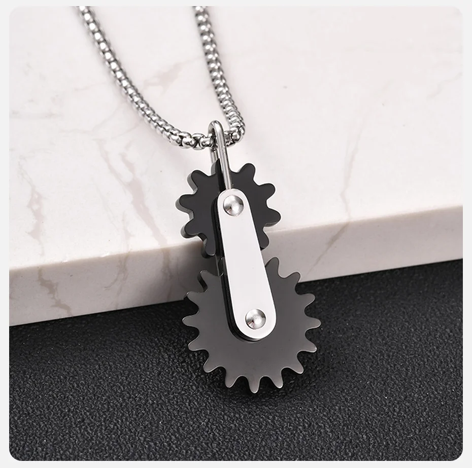 Vnox Drehbare Zahnrad-Anhänger-Halskette für Männer, Edelstahl-Kastenkette in Schwarz und Silber, Punk-Biker-Mechanik-Schmuck, Geschenk – Detail 5
