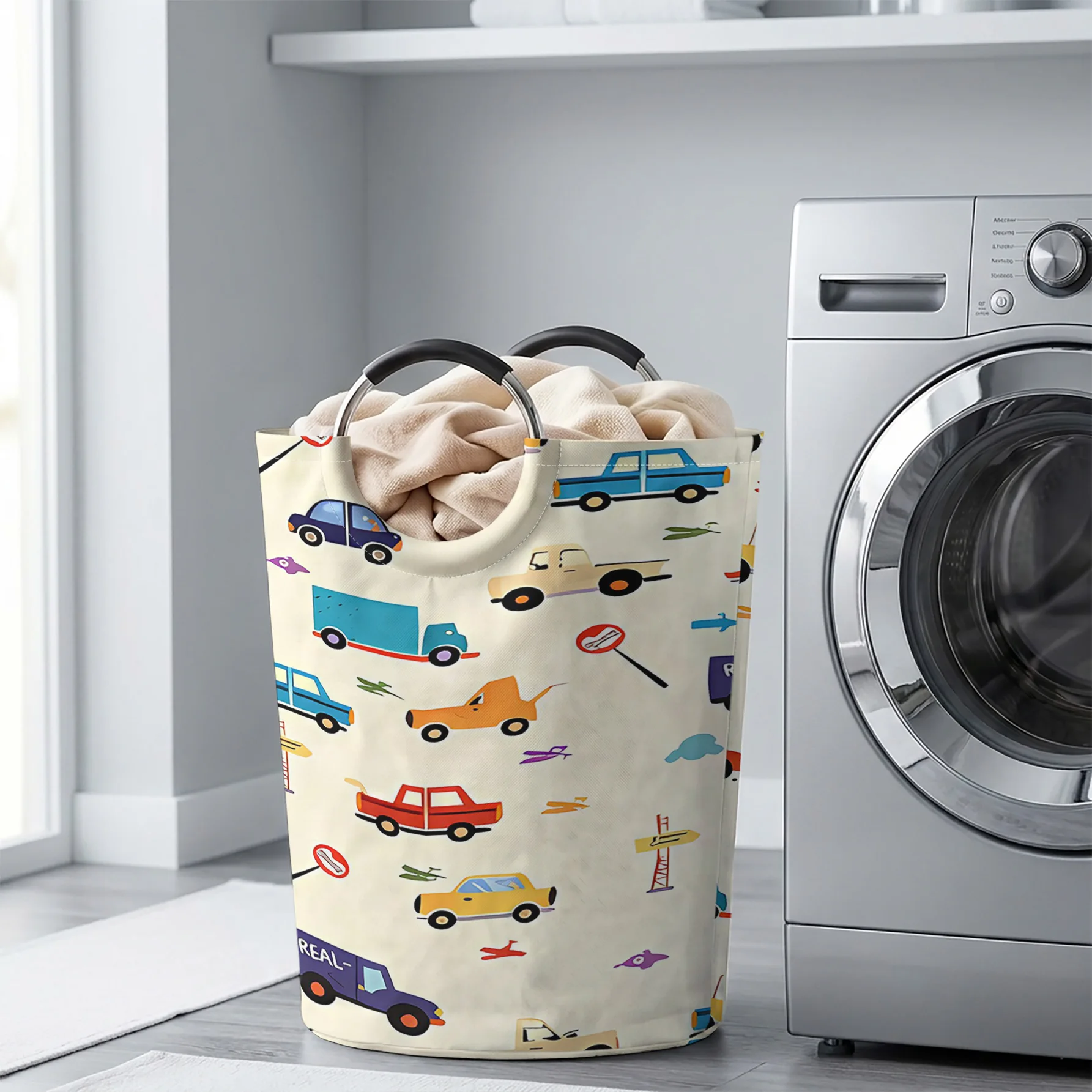 Cartoon Cars Transportation All‑Over Print Handheld Storage Basket, For Laundry, Bedroom & Home Sundries Storage
