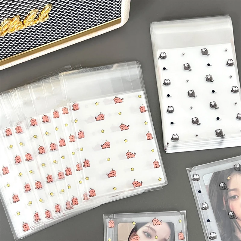 20PCS Cartoon Cute Cats Dogs Card Storage Bag Package Ornament Gift Packing Bags Photocard Self-adhesive Plastic Storage Bag