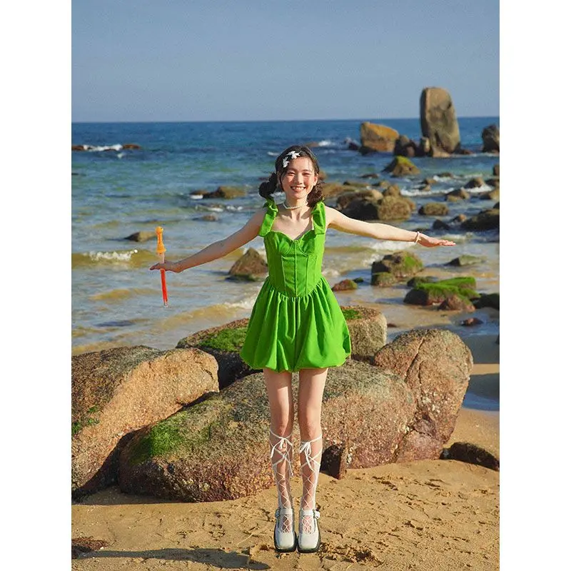 Robe trapèze en velours vert fruit pour femme, robe courte moelleuse, douce fille, taille amincissante, sangle à nœud en arête de poisson, taille haute, été