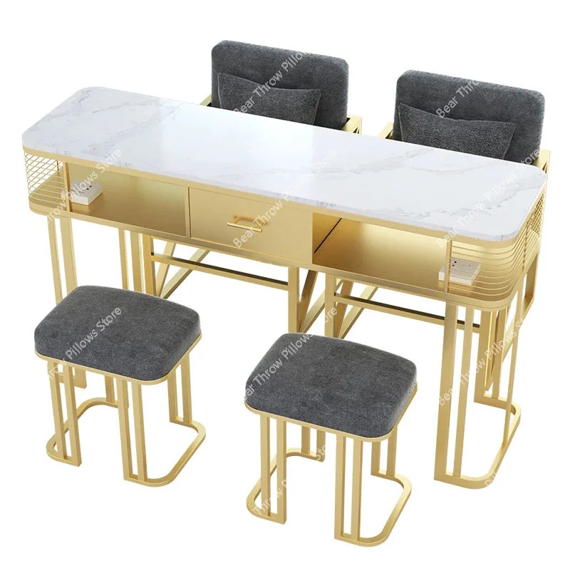 Italian Light Luxury Glass Nail Tables Gold with Drawer Manicure Tables Modern Salon Furniture Beauty Salon Table and Chair Set