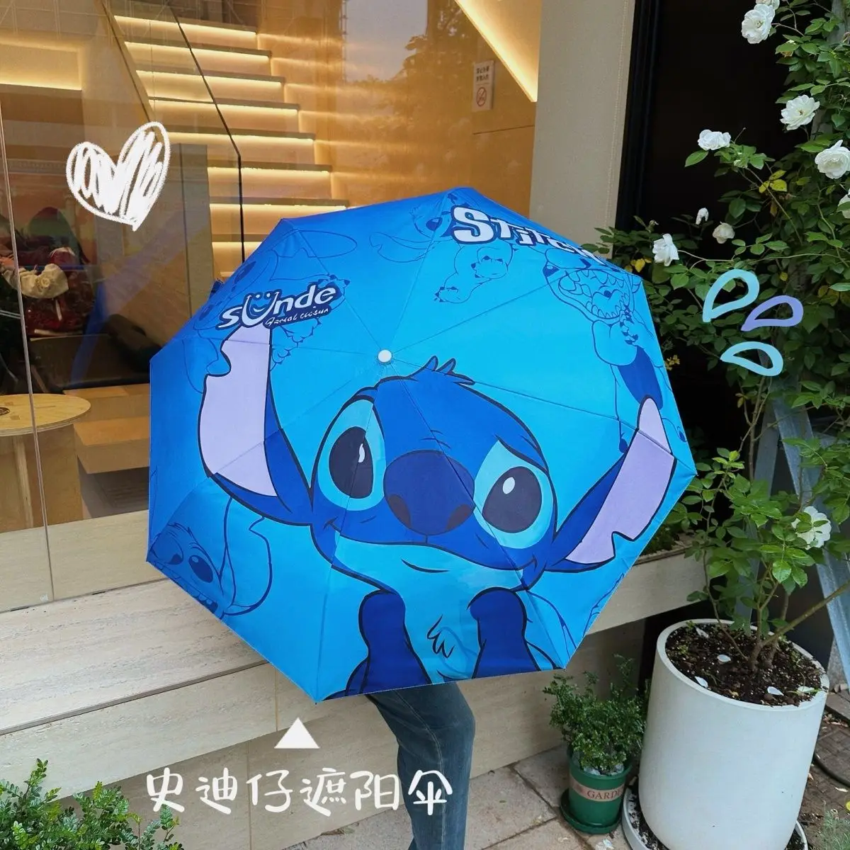 Disney Stitch Sunumbrella Lilo&Stitch Cartoon Automatic Umbrella Rain Shine UV Protection Tri-Fold Portable Sunshade For Women