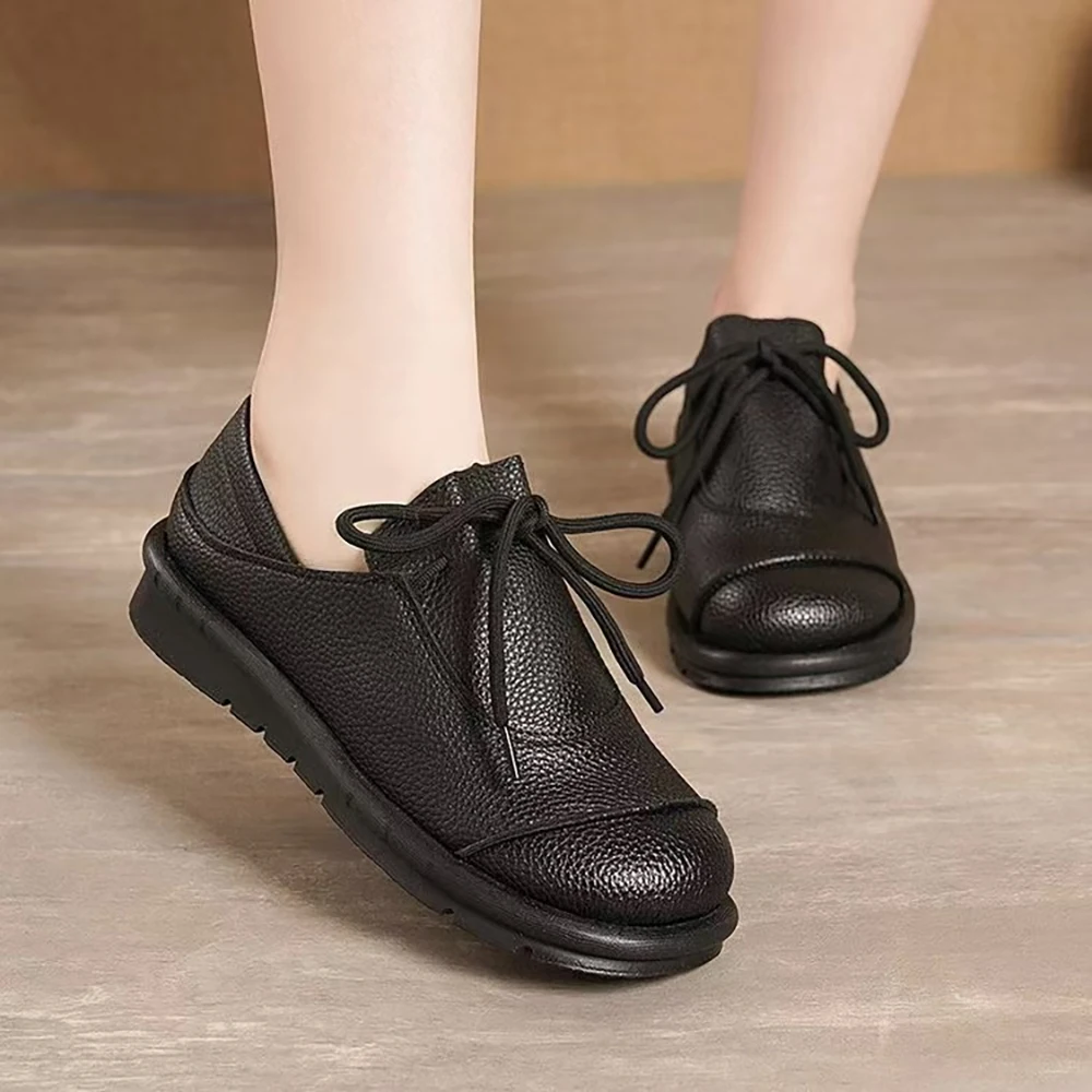 Flat Shoes Women'S New Mother Shoes In Autumn 2024 Round Head Casual Lace-Up Soybean Shoes Wholesale