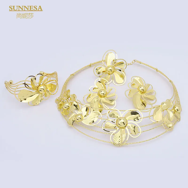 SUNNESA Elegant African Jewelry Set for Women 18K Gold Plated Flower Round Necklace Earrings Dubai Wedding Charm Bracelet Ring