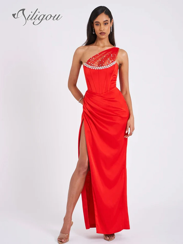 Ailigou 2023 New Summer Women's Red Sexy Temporary Backless Sleeveless One Shoulder High Split Tight Clubwear Long Dress