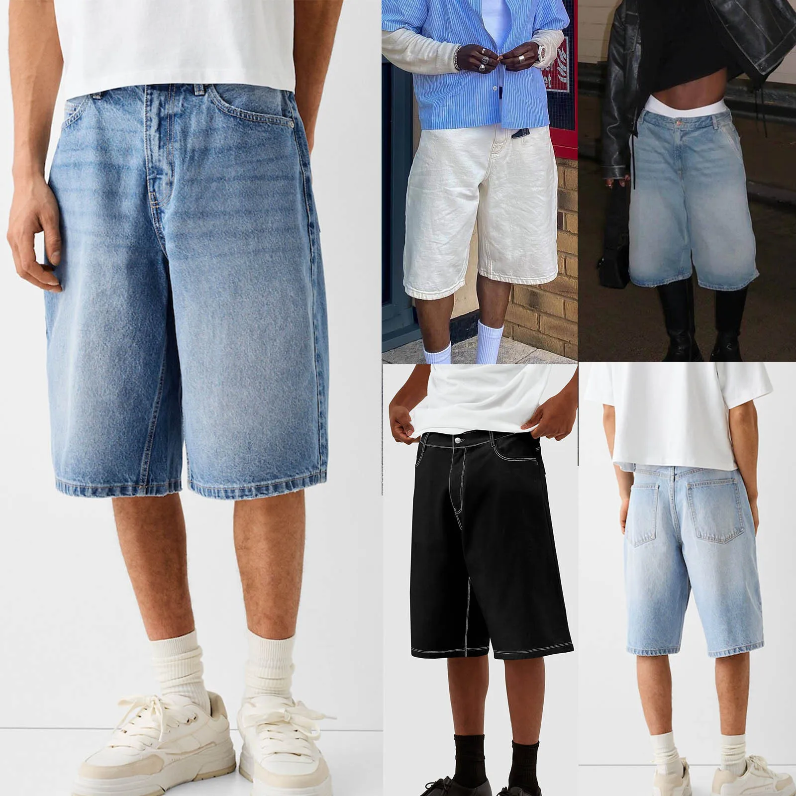 

2026 Summer Baggy Denim Shorts Men Loose Hip Hop Streetwear Wide Leg Jean Shorts Male Retro Washed Knee Length Half Pants Blue