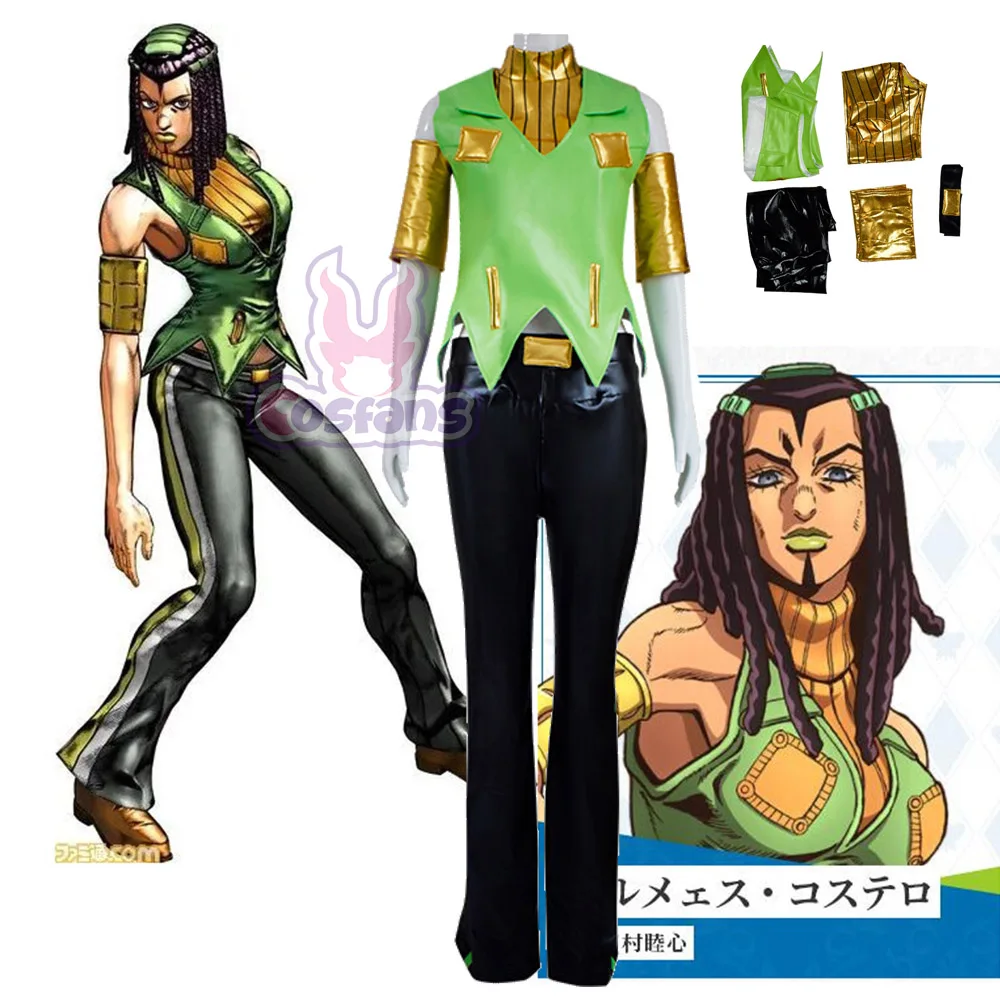 

Anime Ermes Costello Cosplay Costume JoJ Adventure Women Men Leather Uniform Halloween Cosplay Carnival Outfit 5PCS Accessories