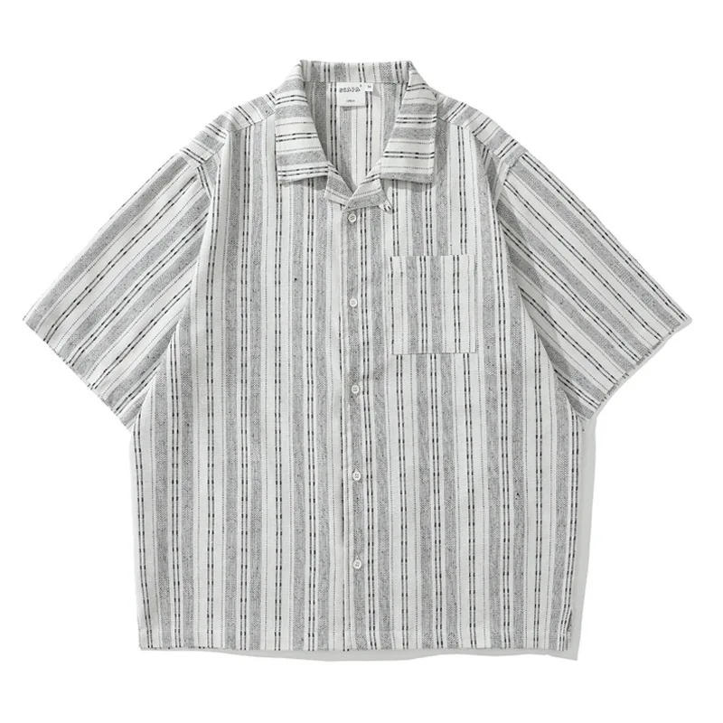 2026 New Summer Japanese Vintage Linen Striped Cargo Short Sleeve Shirts For Men Women Cityboy Loose Cuban Collar Trendy Tops