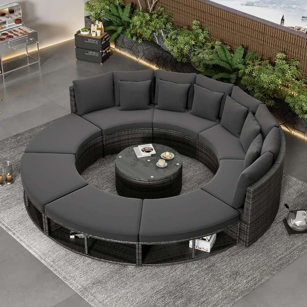 9 Piece Patio Conversation Set, Outdoor Patio Furniture Luxury Circular Sofa Set with Glass Coffee Table and 6 Pillows, Couch