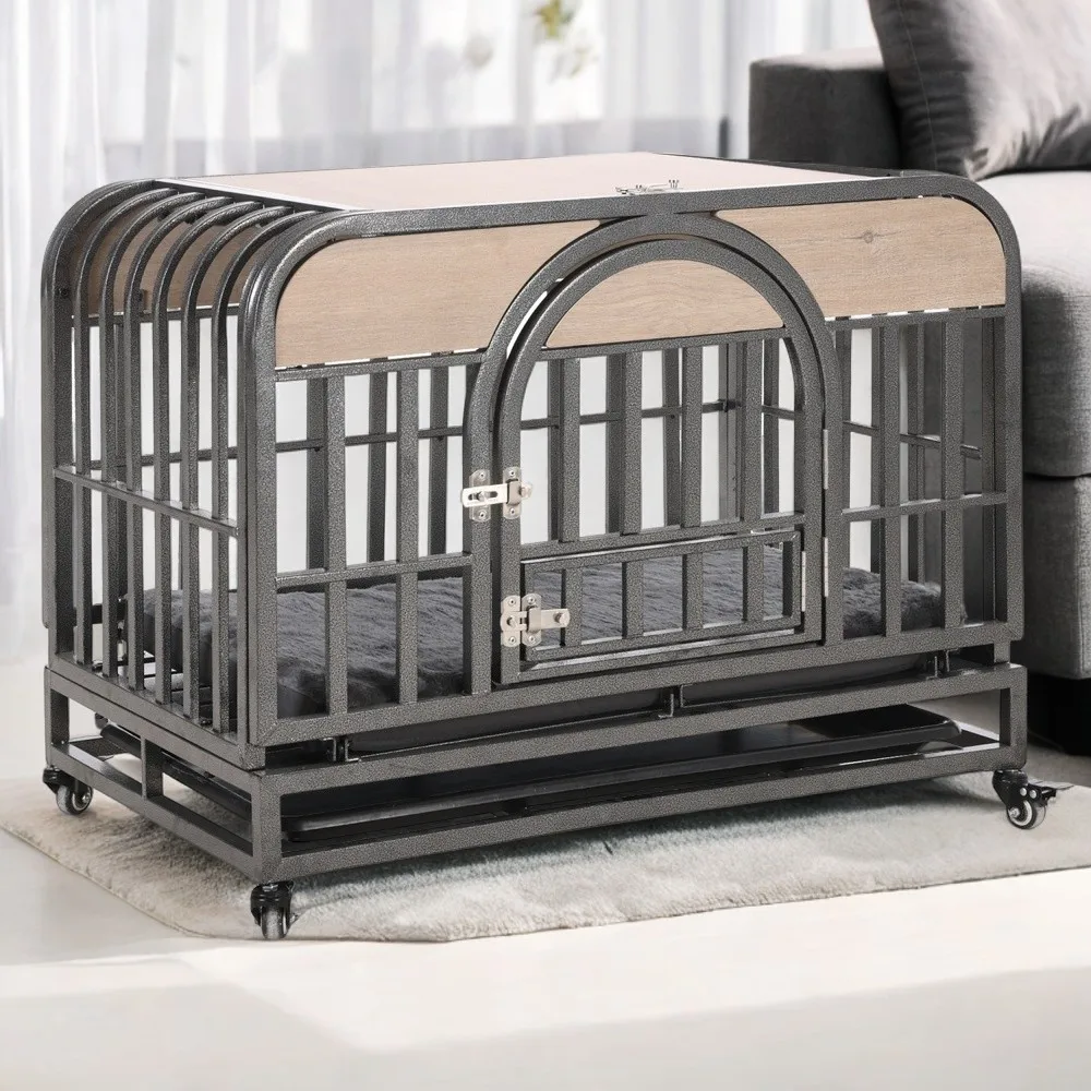 

37in Heavy Duty Dog Crate, Furniture Style Dog Crate with Removable Trays and Wheels for High Anxiety Dogs