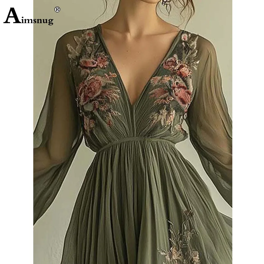 2025, Damen-Kleid mit Boho-Blumenperspektive, neues Sommer-langes Maxikleid, Übergröße, Damen, Vintage, schlichtes Mesh-Kleid mit tiefem V-Ausschnitt
