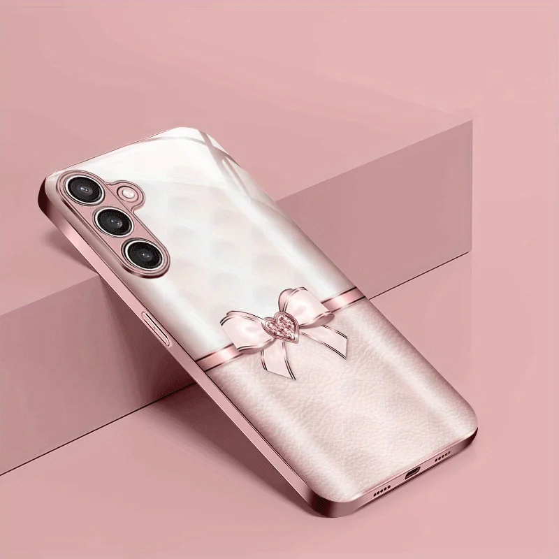 Pink Diamond Bow Pattern Pink Metallic Paint Tempered Glass Phone Case for Samsung Galaxy S24/S23 Ultra /S22 Ultra/S20 Ultra/56